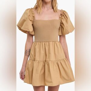 Endless Rose Mixed Media Puff Sleeve Tiered Mini Dress Tan S NWT